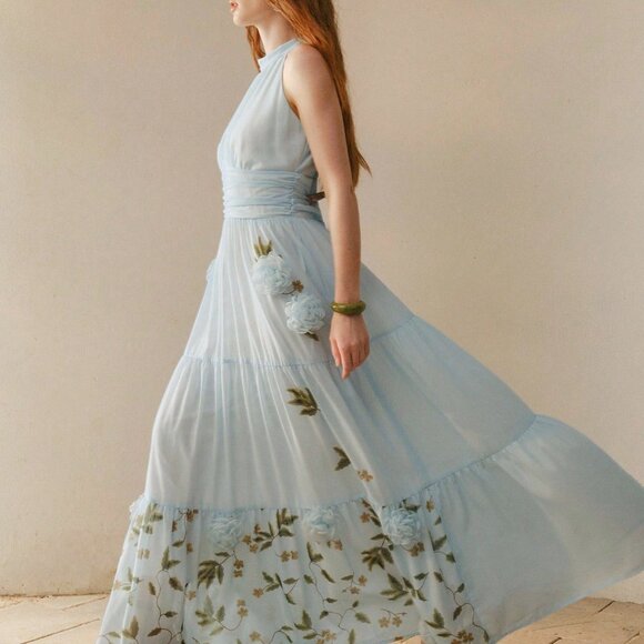 Baby Blue Boho Women's Ruched Halter Neck 3d Floral Dress - Picture 3 of 6